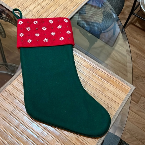 Macys Holiday Lane Wool Stocking with Needlepoint Cuffs Red & Green. - Picture 1 of 5